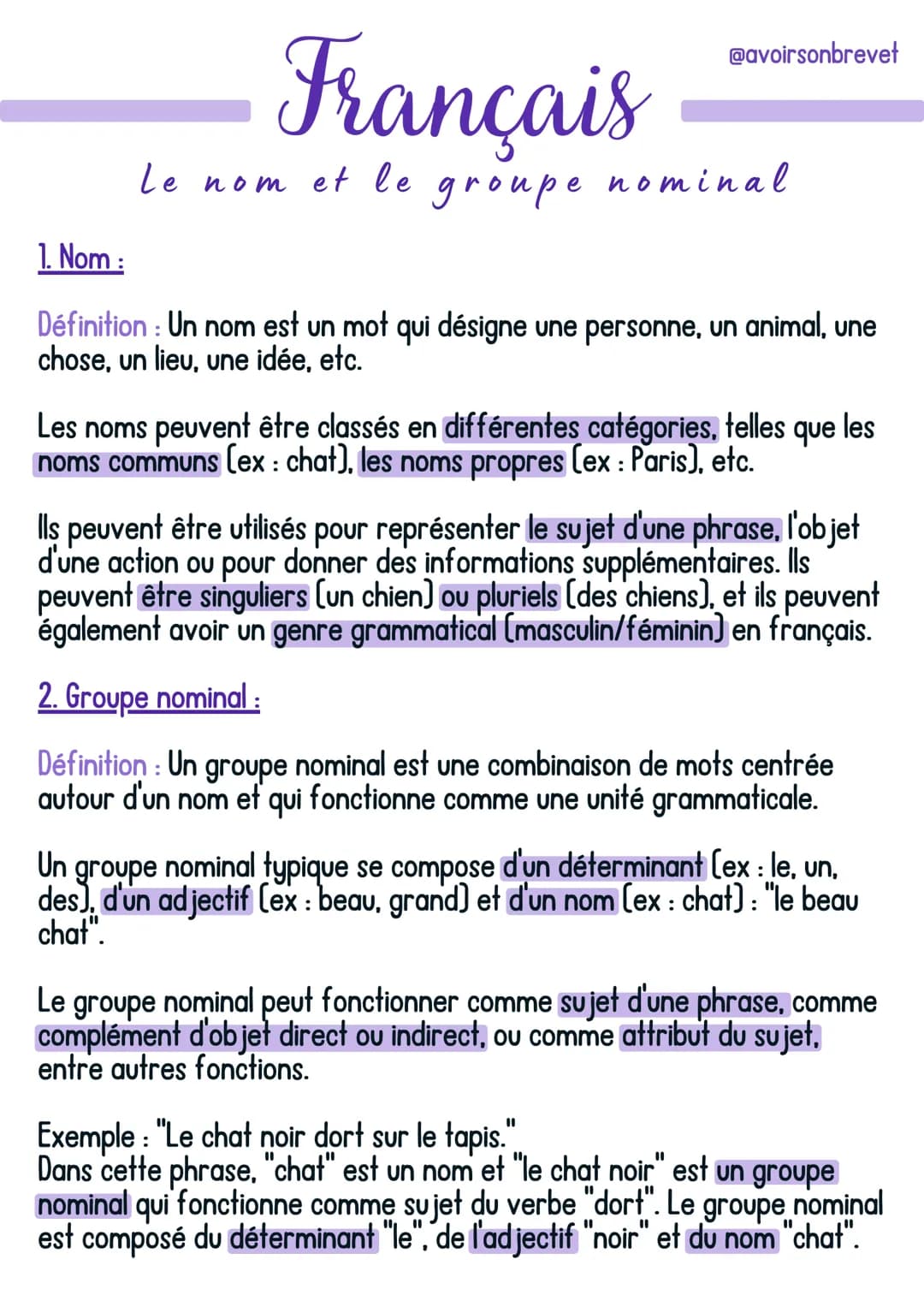 Français
Le nom et le groupe nominal
@avoirsonbrevet
1. Nom :
Définition: Un nom est un mot qui désigne une personne, un animal, une
chose, 