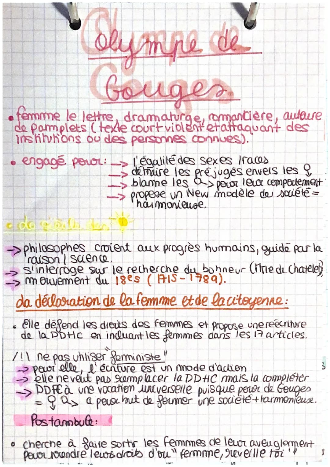 Clympe de
Gouges
femme le lettre, dramaturge, romancière, auteure
de pamplets (texte court violent et attaquant des
institutions ou des pers