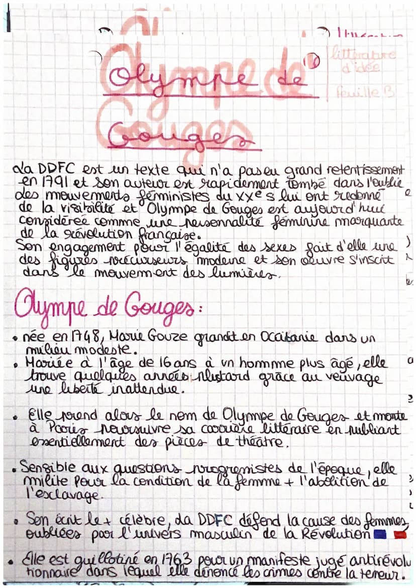 Clympe de
Gouges
femme le lettre, dramaturge, romancière, auteure
de pamplets (texte court violent et attaquant des
institutions ou des pers