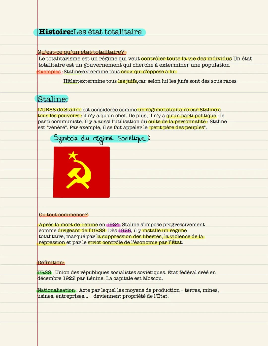 Histoire:État totalitaire
Définition suite:
Kolkhozes: Exploitations agricoles créées par la collectivisation. Les moyens de production
sont