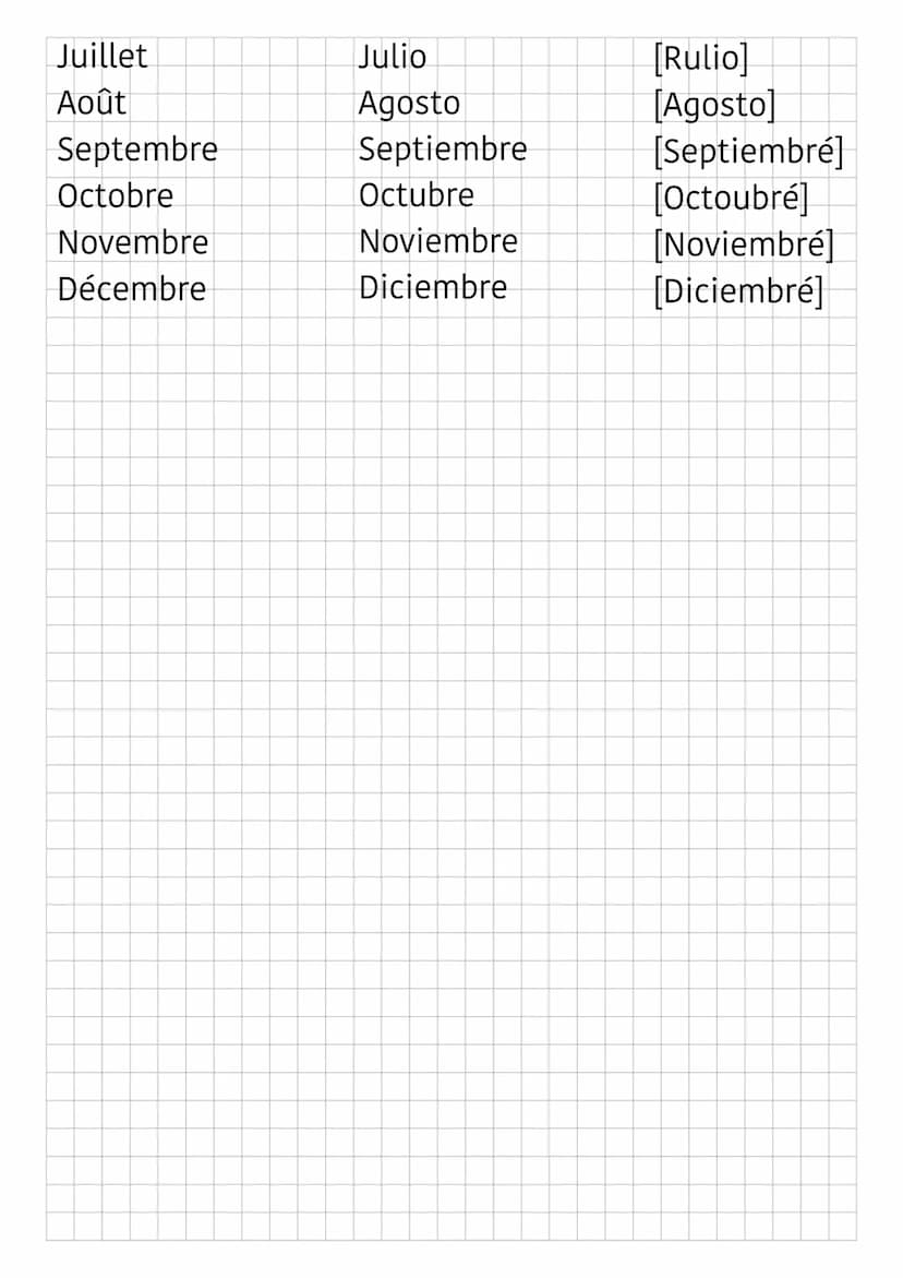 LES JOURS (Los días)
Français
Lundi
Mardi
Mercredi
Jeudi
Vendredi
Samedi
Dimanche
LES MOIS
Français
Janvier
Février
Espagnol
Mars
Avril
Mai
