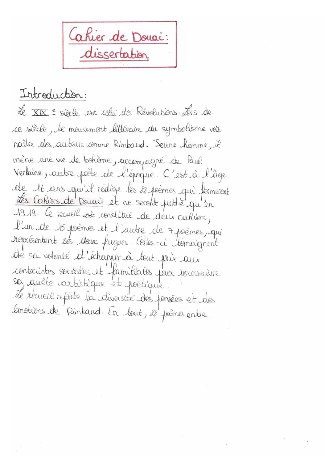 Fiche de révision pour la dissertation sur Les Cahiers de Douai