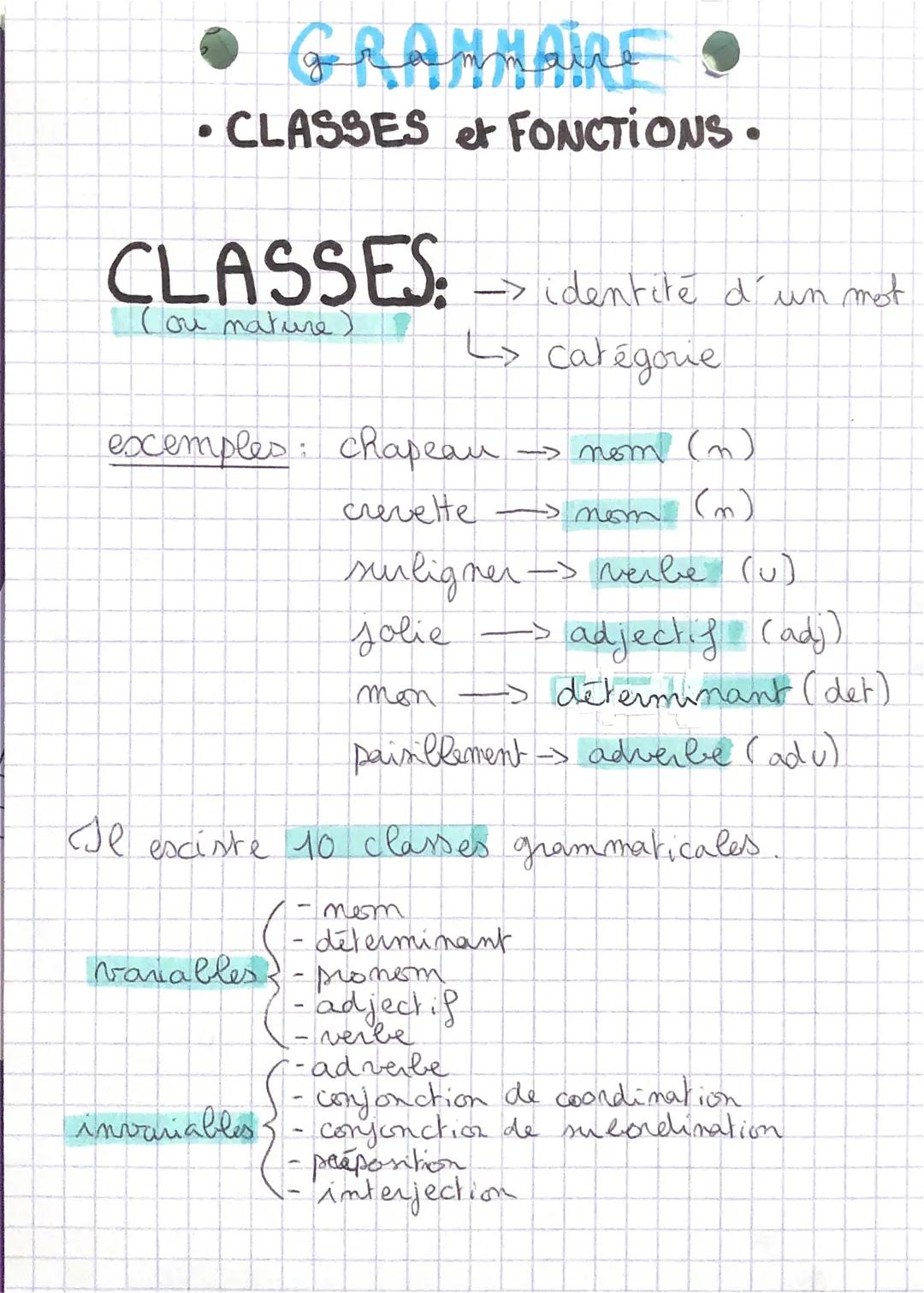 • GRAMMAIRE •
• CLASSES et FONCTIONS.
CLASSES
(on mature)
exemples: chapeau
crevelte
-identite d'un mot
L> catégorie
- nom
→> nom
surligner 