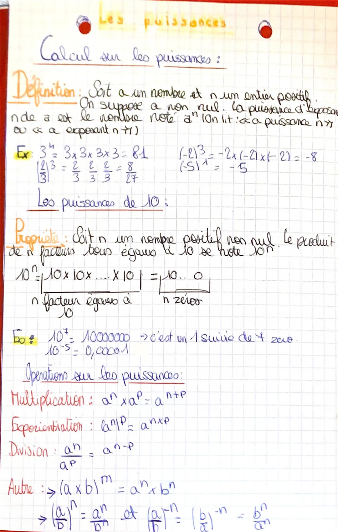 Les puissances
Calcul
sur les puissances:
Définition: Soit a un nombre at o un entier positif.
n
suppose a non puissance
noté an lon lit :<<