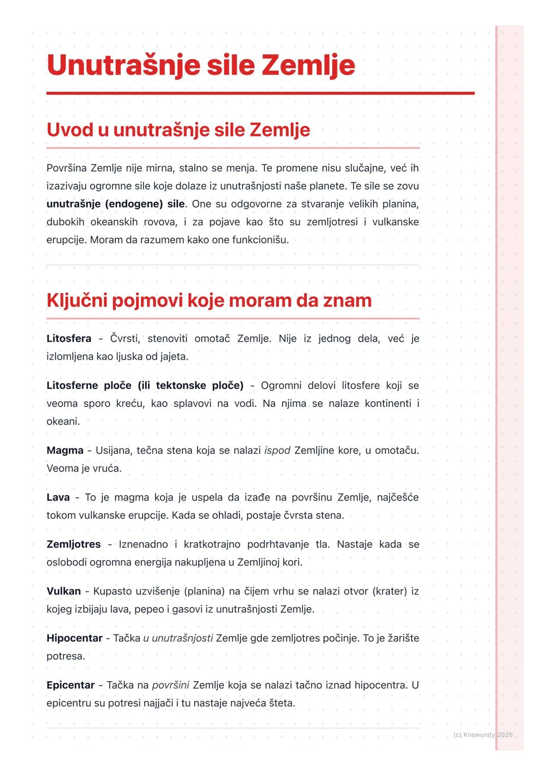 # Unutrašnje sile Zemlje

## Uvod u unutrašnje sile Zemlje

Površina Zemlje nije mirna, stalno se menja. Te promene nisu slučajne, već ih
iz
