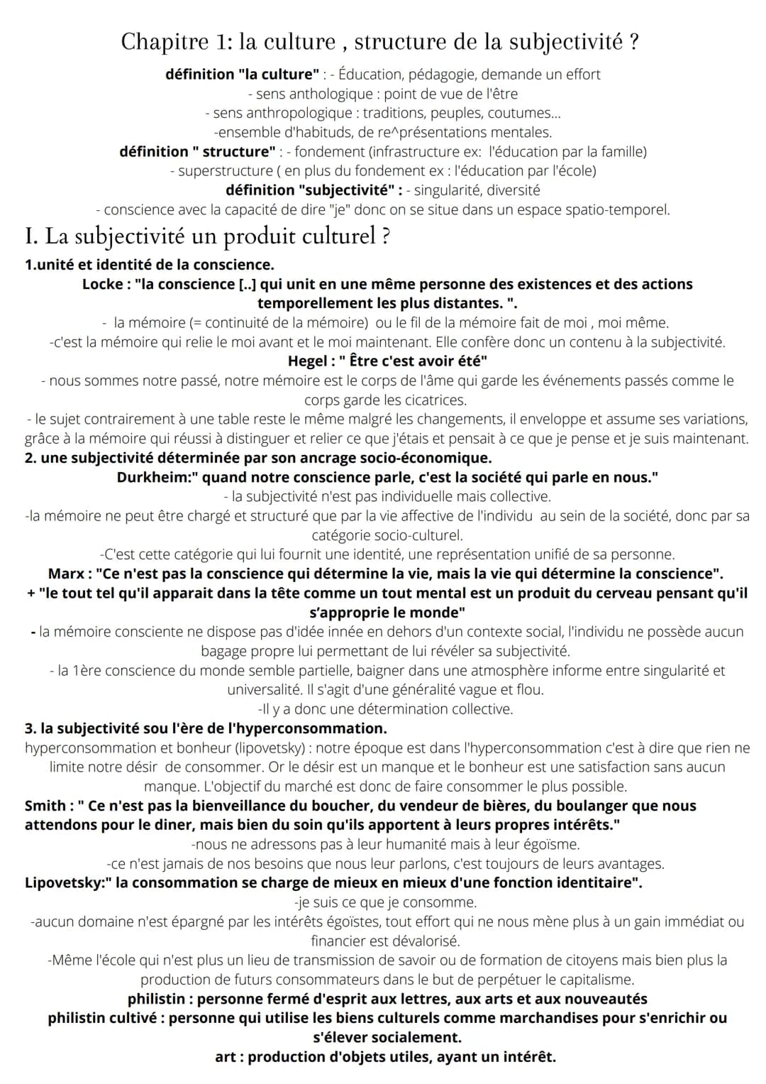 Chapitre 1: la culture, structure de la subjectivité ?
définition "la culture": - Éducation, pédagogie, demande un effort
- sens anthologiqu