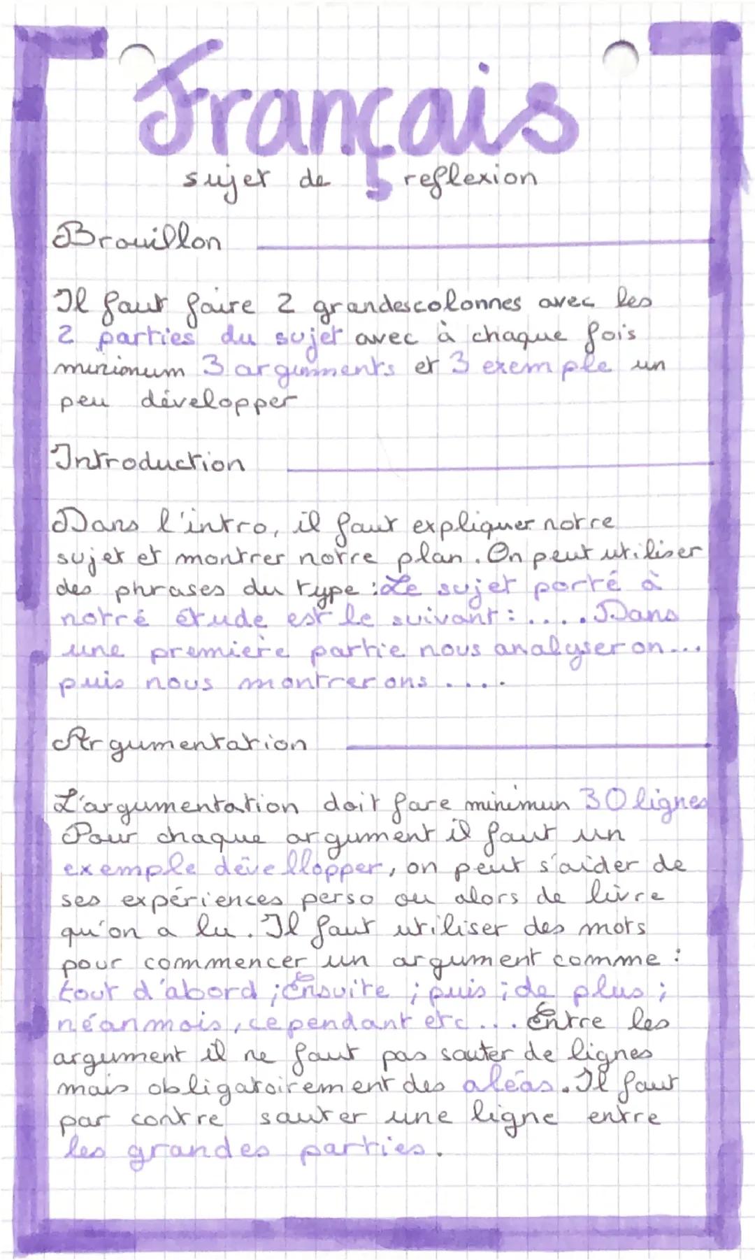 # Français
sujet de reflexion

Brouillon

Il faut faire 2 grandescolonnes avec les
2 parties du sujet avec à chaque fois
minimum 3 arguments