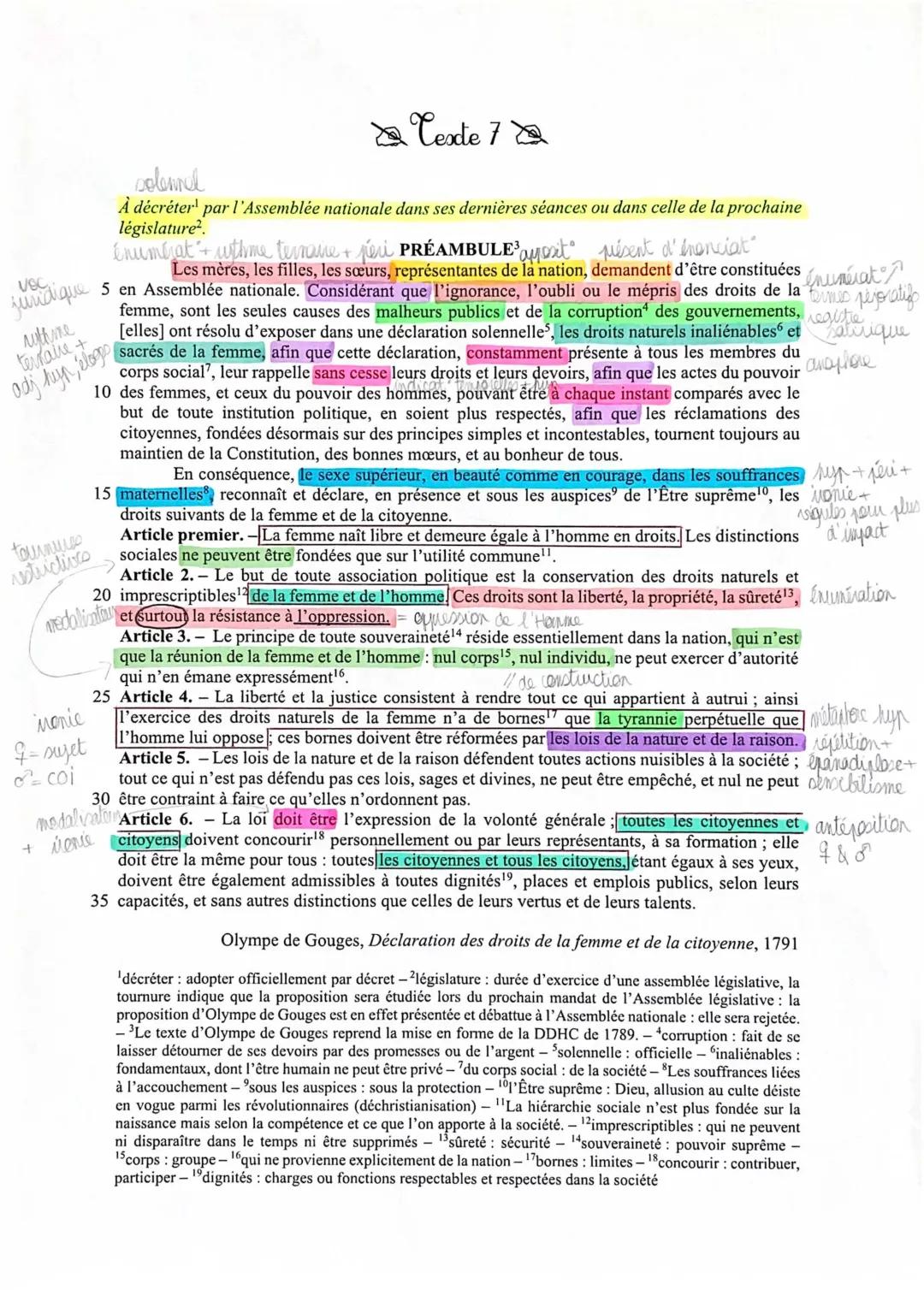 Analyse de la Déclaration des droits de la femme d'Olympe de Gouges - Préambule et Postambule