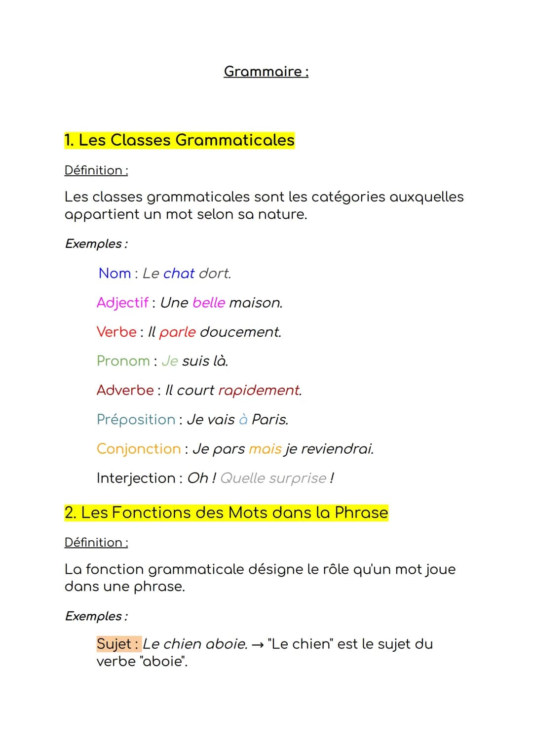 Grammaire:

1. Les Classes Grammaticales
Définition:
Les classes grammaticales sont les catégories auxquelles
appartient un mot selon sa nat