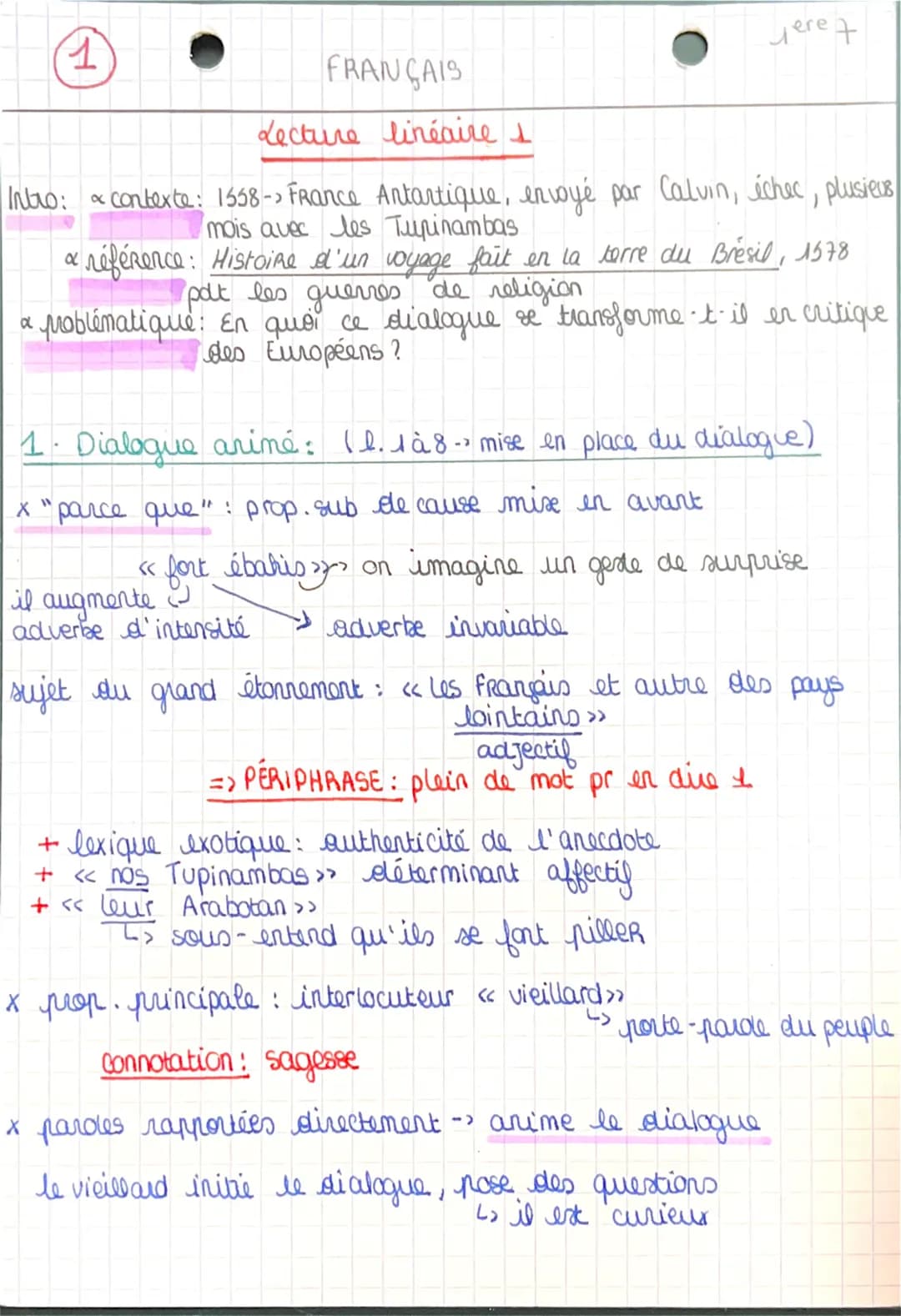 1
FRANÇAIS
Lecture linéaire 1
Intro: contexte: 1558-> France Antartique, envoyé par Calvin, échec, plusieus
mois avec les Tupinambas
a
référ