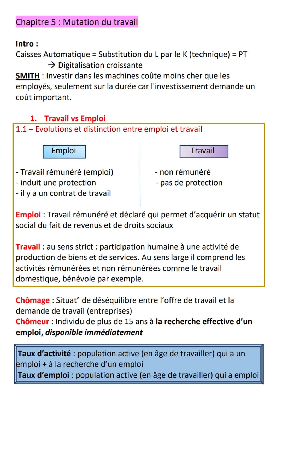 Chapitre 5: Mutation du travail
Intro :
Caisses Automatique = Substitution du L par le K (technique) = PT
→ Digitalisation croissante
SMITH: