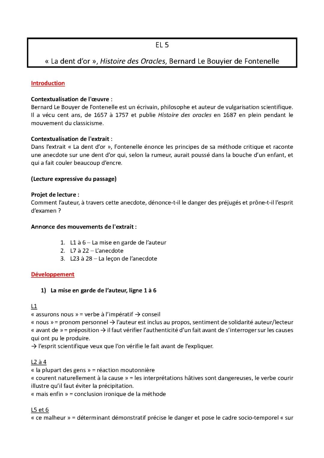 Explication linéaire du texte « La dent d’or » par Fontenelle