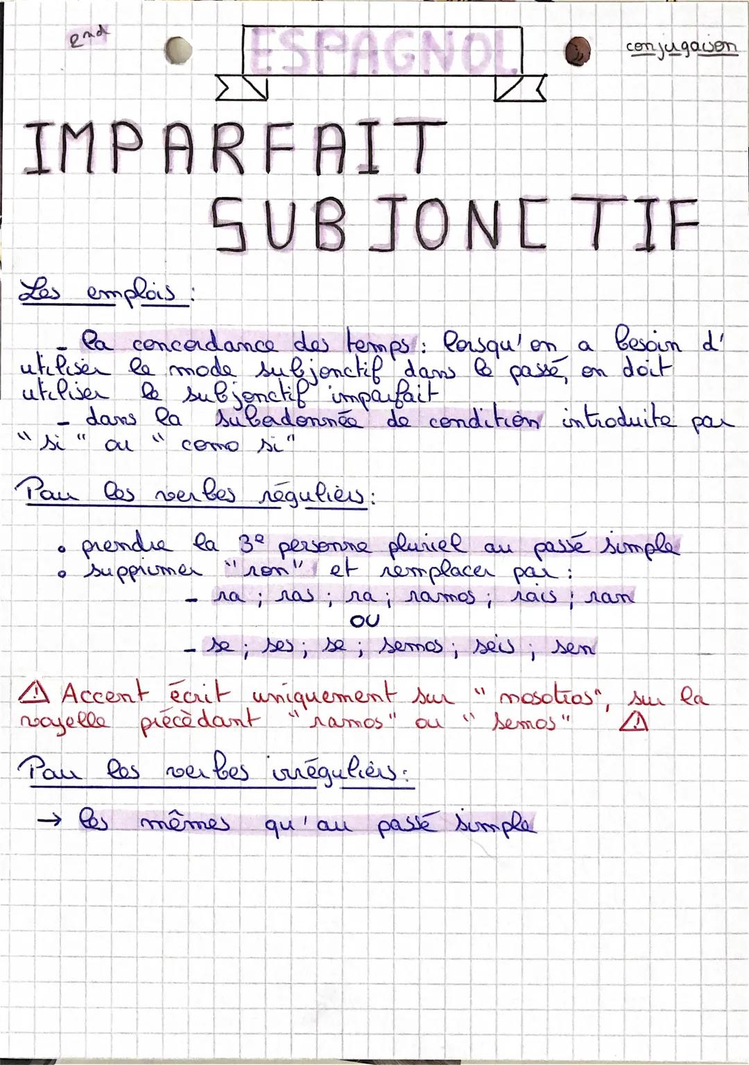 2nd
ESPAGNOL
IMPARFAIT
SUBJONE TIF
Les emplois
besoin d'
a
la concordance des temps: Porsqu'on
utiliser le mode subjonctif dans le passé, on