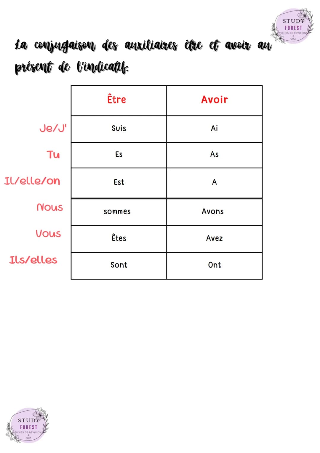 Terminaisons :
Je/ J'
Tu
Il/elle/on
Nous
Vous
Français
Le présent de l'indicatif
STUDY
FOREST
FICHES DE REVISIONS
1er
groupe(-
er)
-e
-es
-e