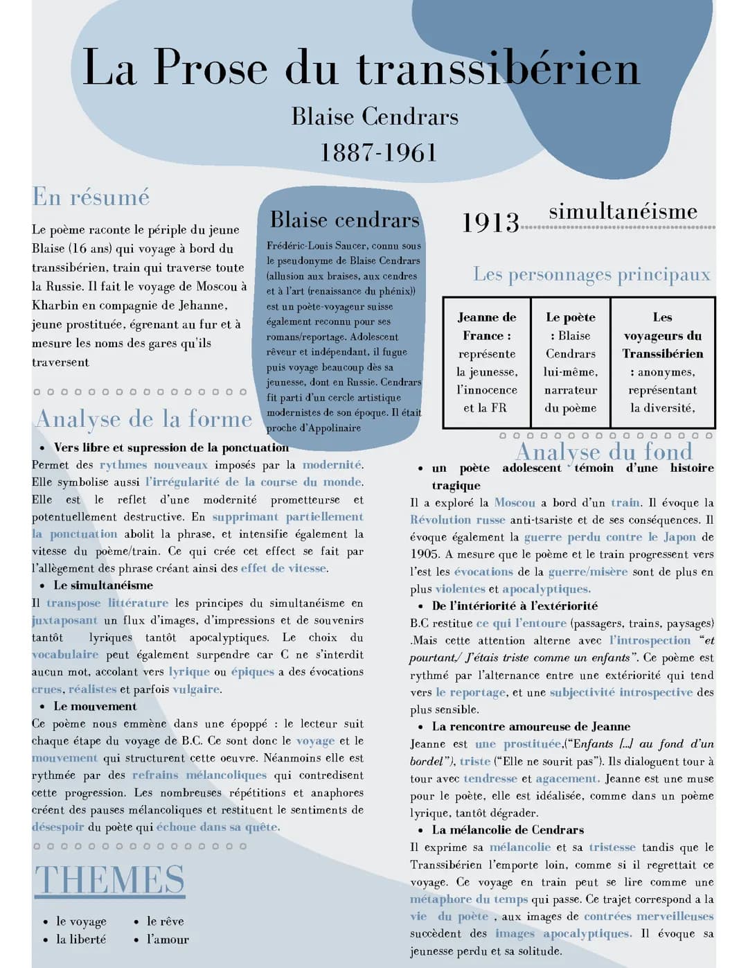 Fiche de révision La Prose du Transsibérien De Blaise Cendrars