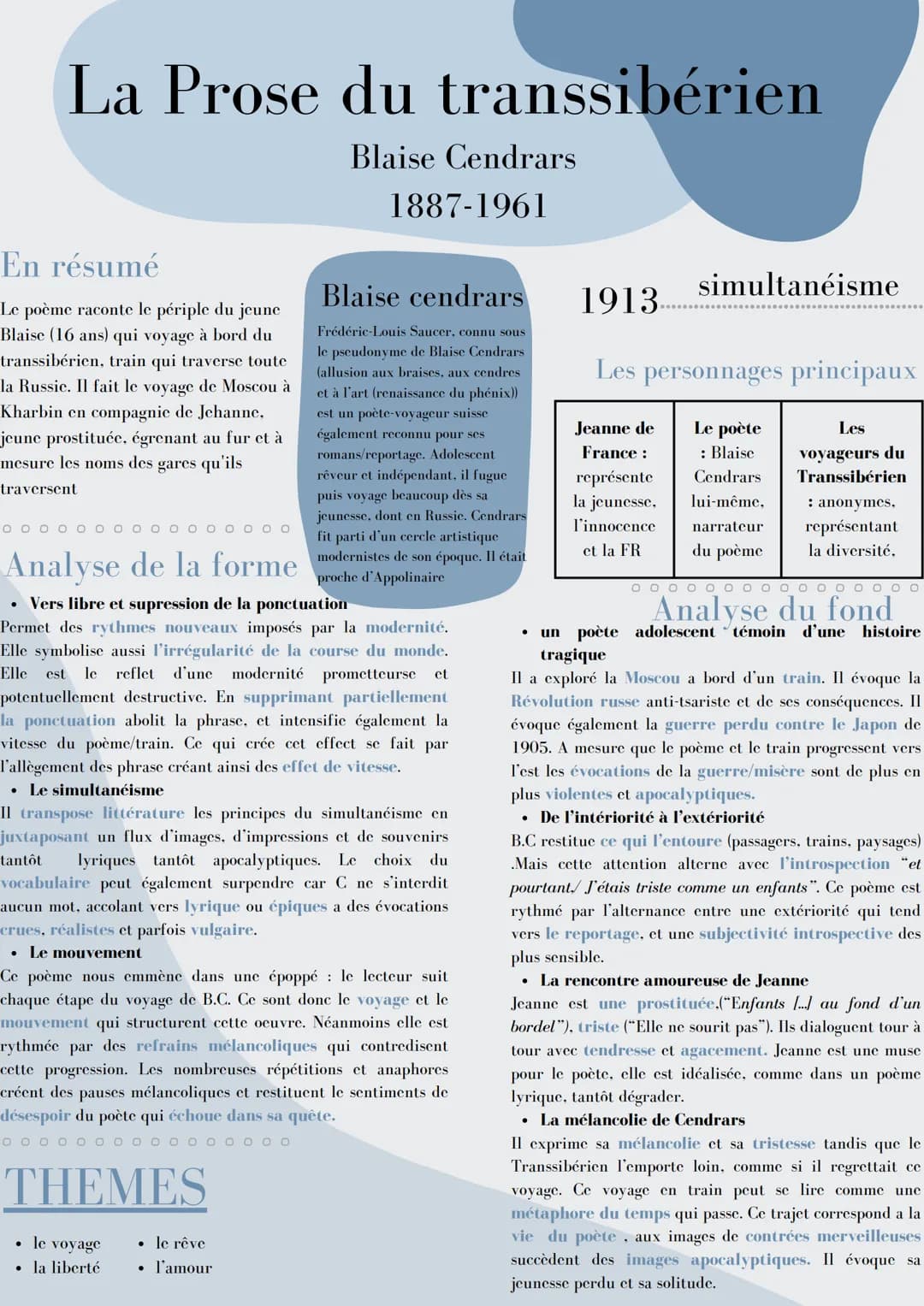 La Prose du transsibérien
Blaise Cendrars
1887-1961
En résumé
Le poème raconte le périple du jeune
Blaise (16 ans) qui voyage à bord du
tran