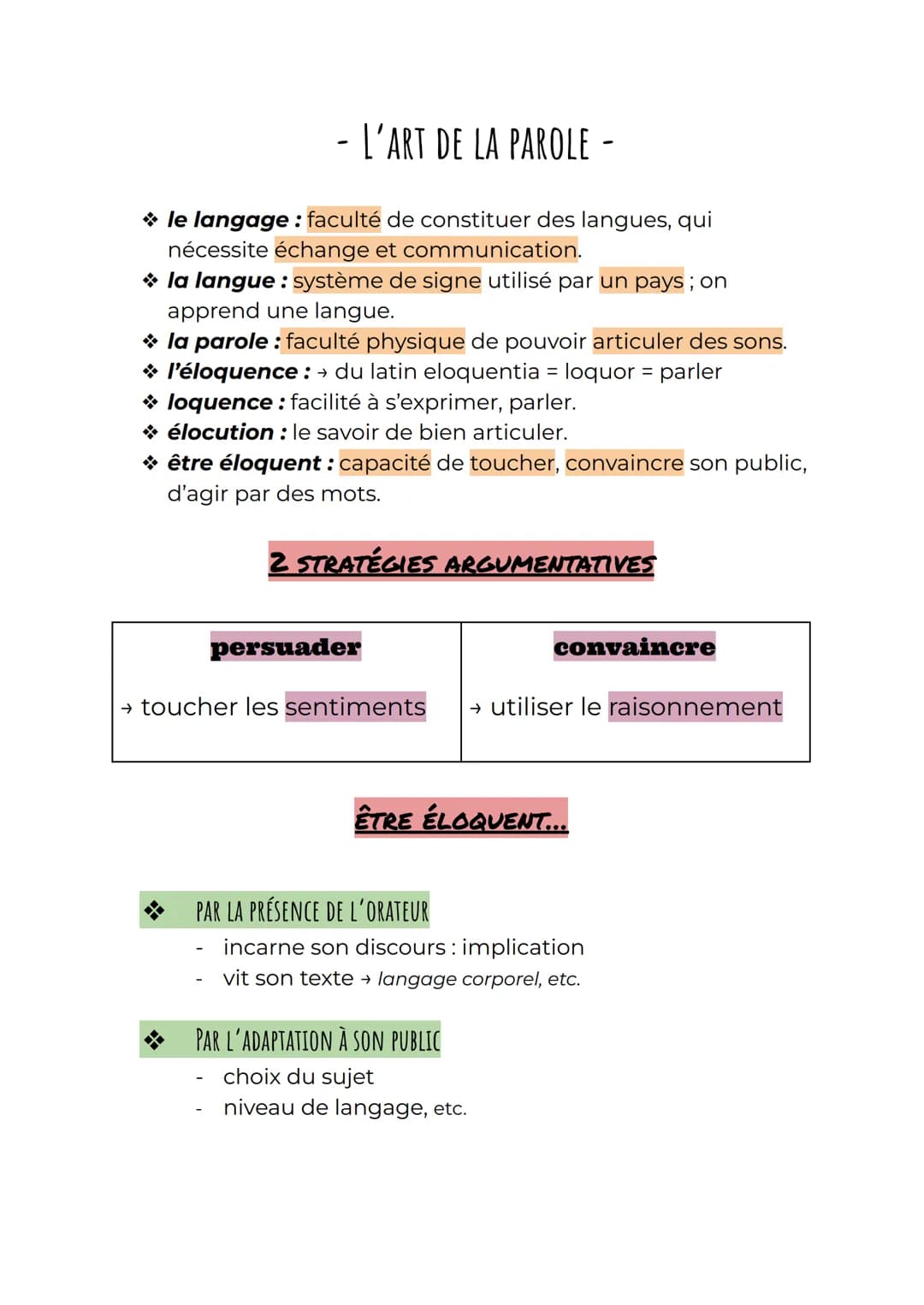 - L'ART DE LA PAROLE -
le langage: faculté de constituer des langues, qui
nécessite échange et communication.
→ la langue : système de signe