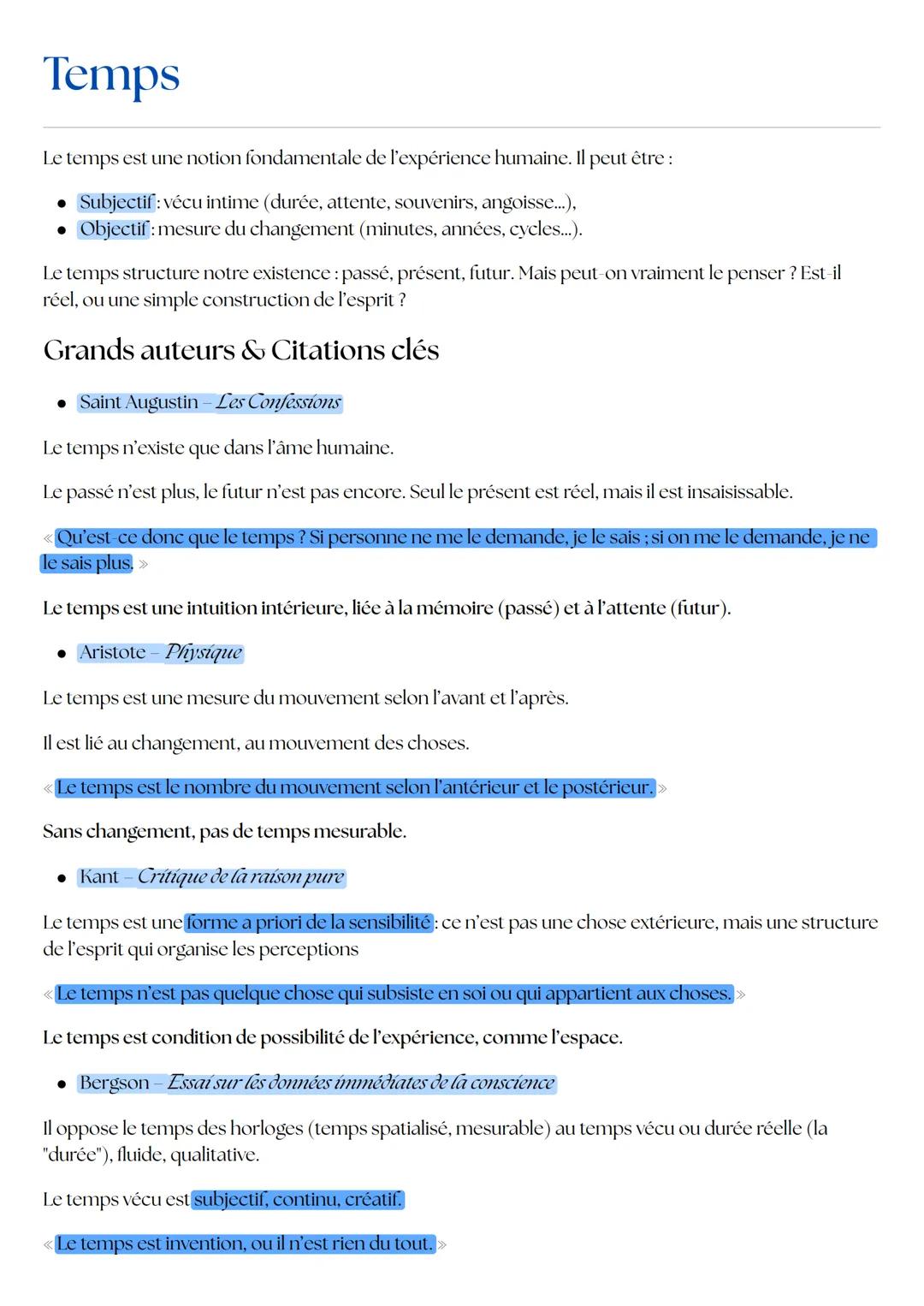 Temps
Le temps est une notion fondamentale de l'expérience humaine. Il peut être :
• Subjectif: vécu intime (durée, attente, souvenirs, ango