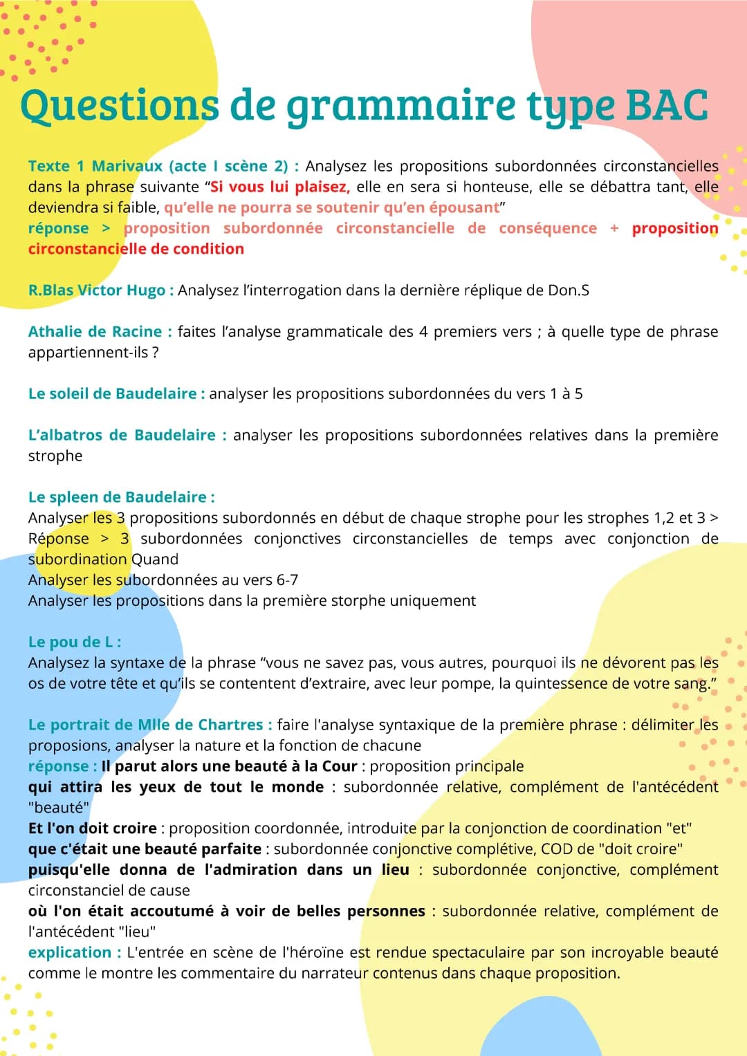 Exercices corrigés et PDF sur les propositions subordonnées pour le Bac français