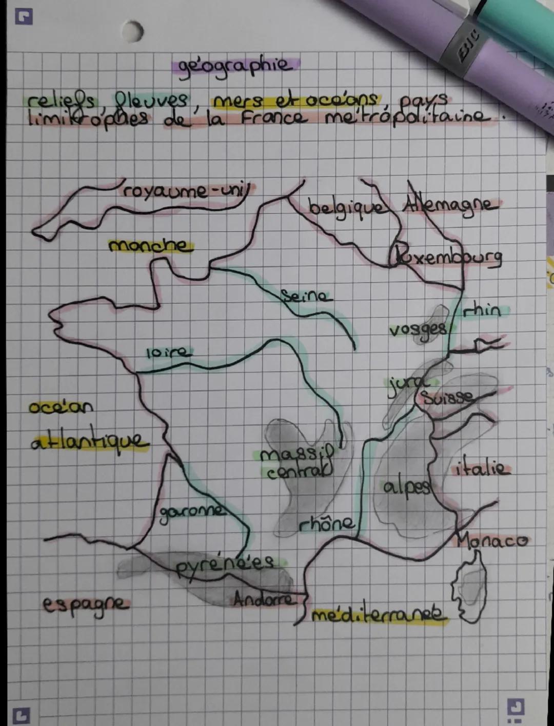 BIC
geographie
reliefs, fleuves, mers et accons, pays
limitrophes de la France metro aire.
Proyaume-unij
monche
belgique Allemagne
Boxembour
