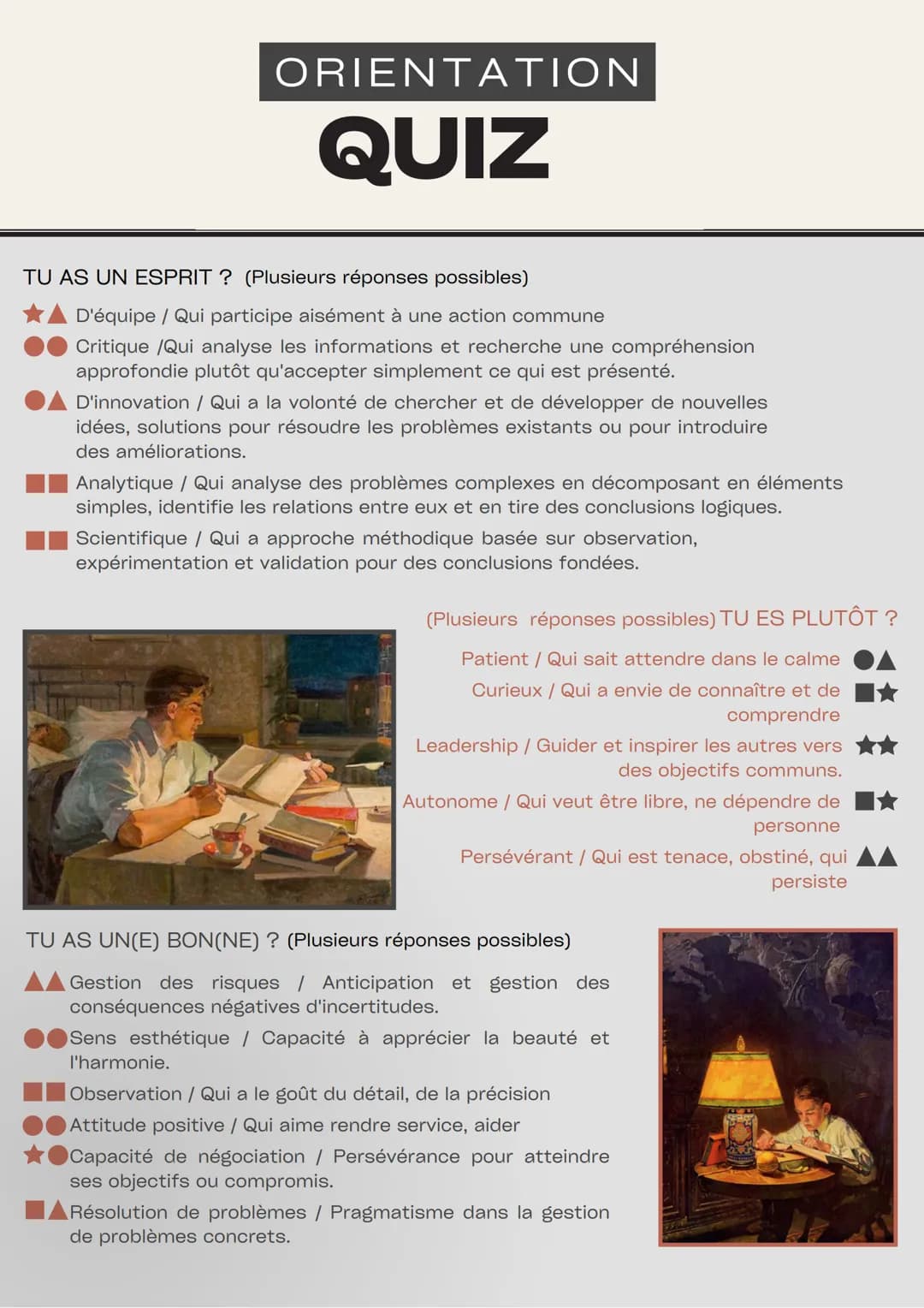 ORIENTATION
QUIZ
TU AS UN ESPRIT? (Plusieurs réponses possibles)
D'équipe / Qui participe aisément à une action commune
Critique /Qui analys