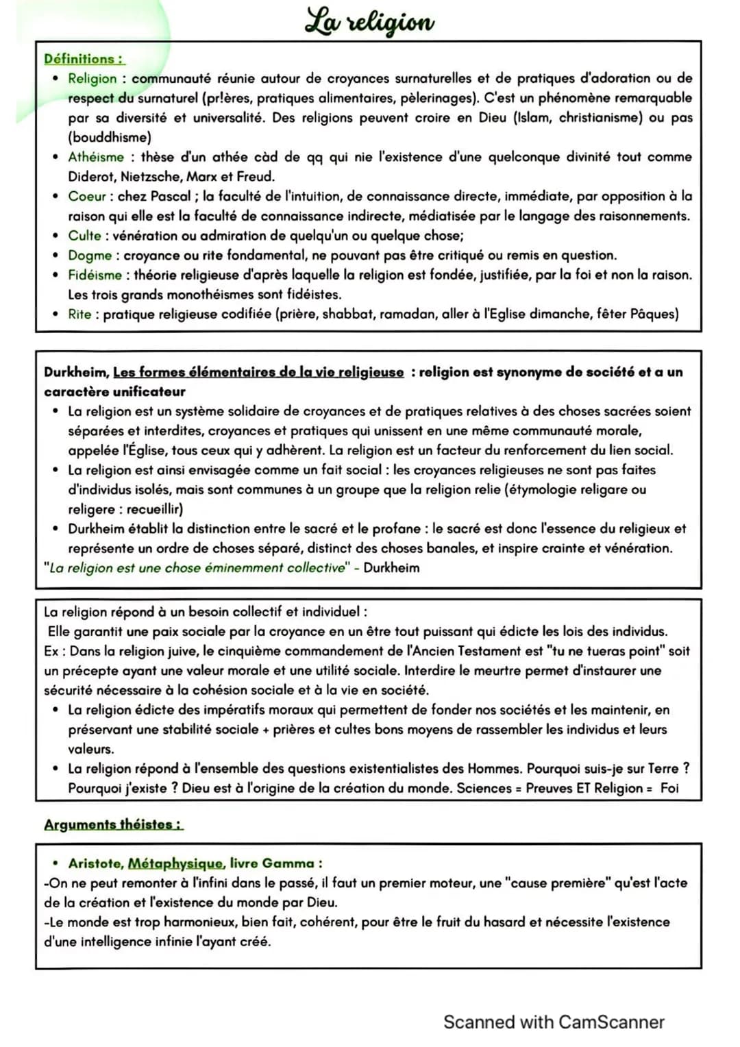 La religion
Définitions:
Religion : communauté réunie autour de croyances surnaturelles et de pratiques d'adoration ou de
respect du surnatu