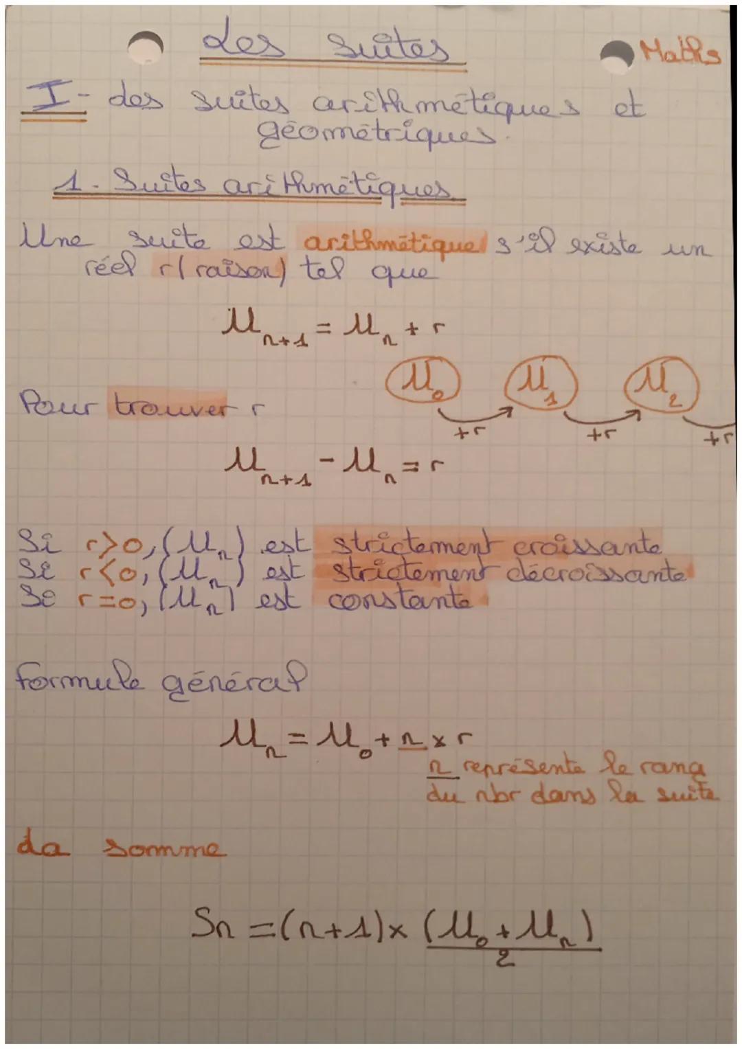 Les Suites

I des suites arithmétiques et
géométriqueح

1. Suites ari Humétiques

Maths

Une suite est arithmétique s'il existe un
réel r/ r