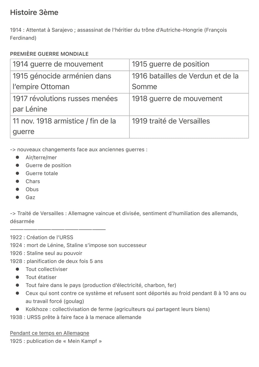 Histoire 3ème
1914: Attentat à Sarajevo; assassinat de l'héritier du trône d'Autriche-Hongrie (François
Ferdinand)
PREMIÈRE GUERRE MONDIALE
