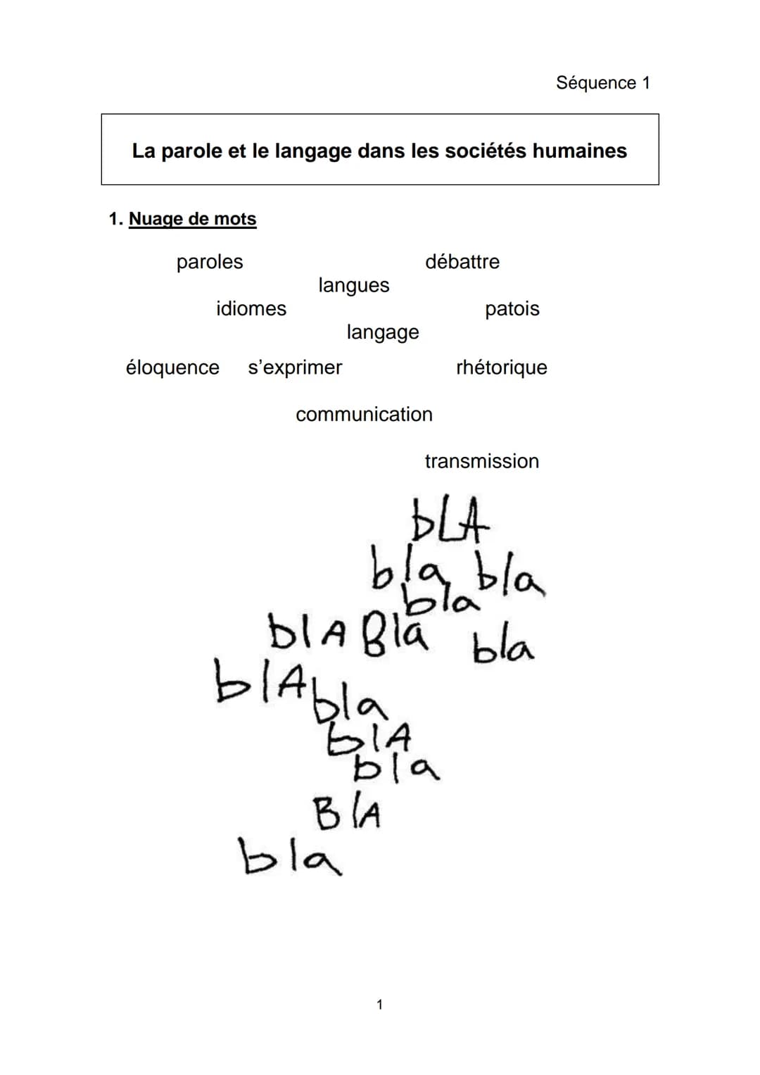 La parole et le langage dans les sociétés humaines
1. Nuage de mots
paroles
idiomes
langues
éloquence s'exprimer
langage
communication
blabl