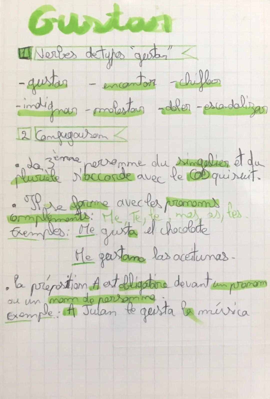 # Gustan

1 Nerbes detypes "gestan"

- gustar - encantor chifbor

- indignar - molestar - doler - esca-dalizar

2 Conjugaison<

- La zemne e