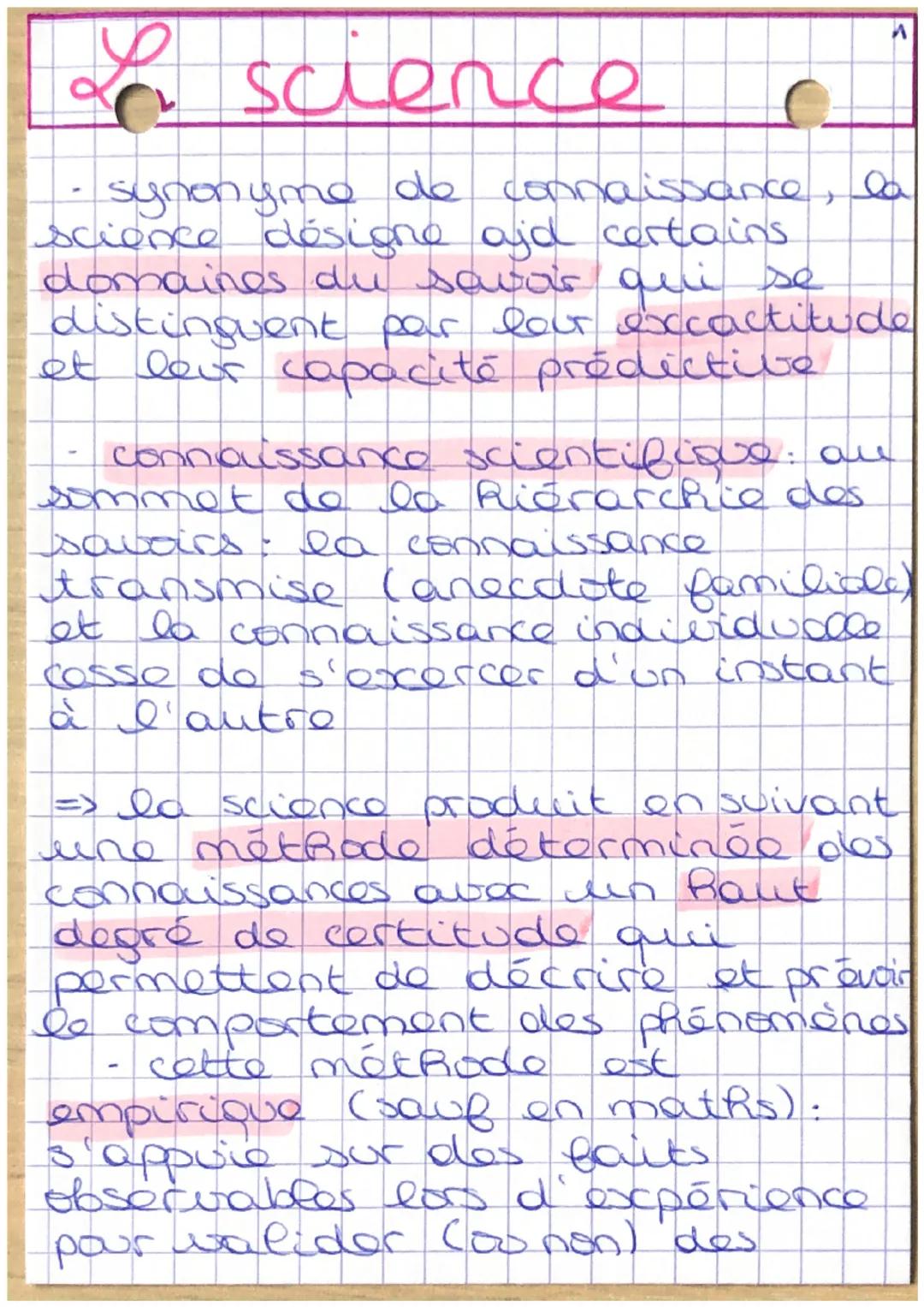 # Lo science
A
- synonyme de connaissance, la
science désigne ajd certains.
domaines du savas qui se
distinguent par laut excactitude
et leu