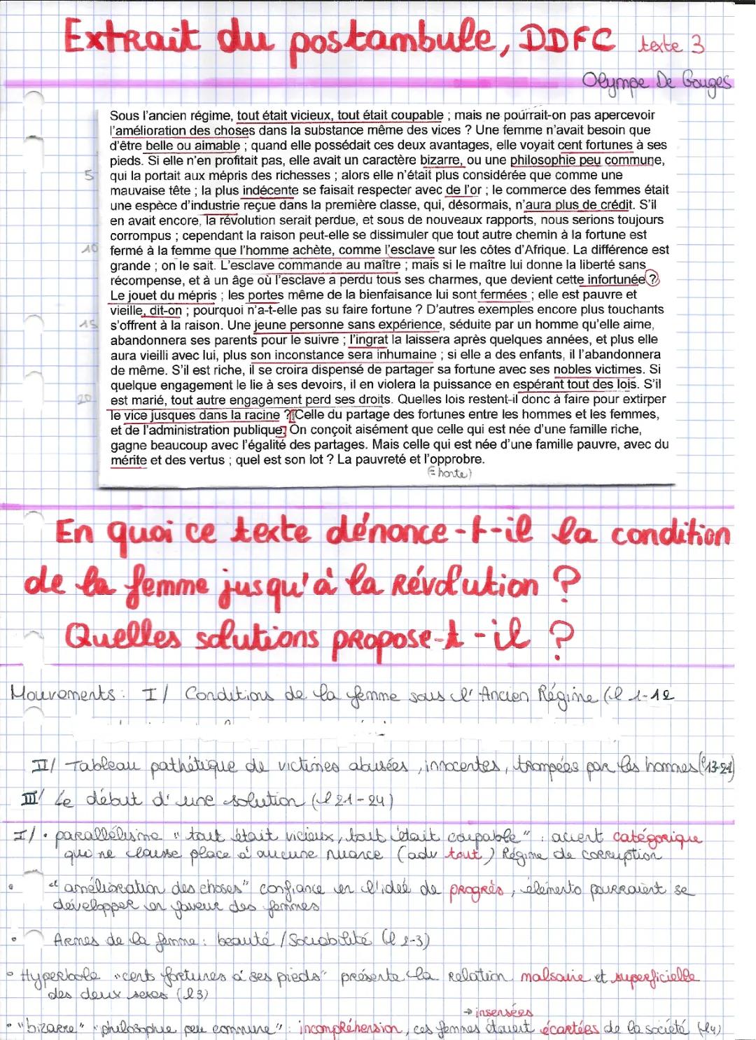 Analyse linéaire du Postambule Olympe de Gouges PDF pour les Droits de la Femme