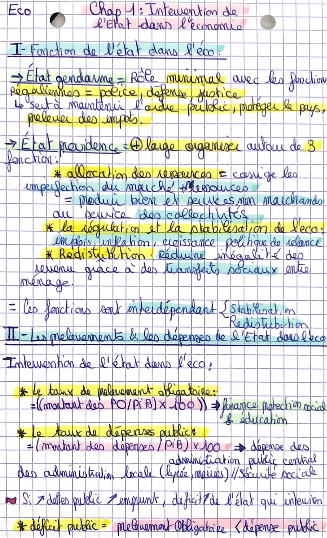 6
Chap 1: Intervention de
l'Etat dans l'économie
I- Fonction de l'état dans l'éco.
→ Etat gendarme = Röle minimal avec les fonction
Régalien