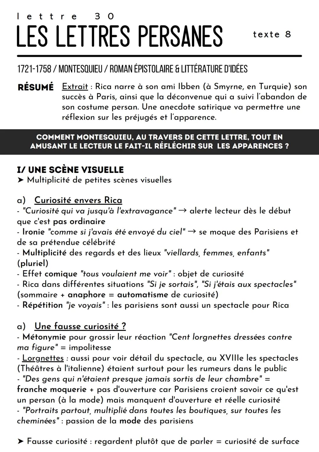 lettre 30
LES LETTRES PERSANES
1721-1758/ MONTESQUIEU/ROMAN ÉPISTOLAIRE & LITTÉRATURE D'IDÉES
RÉSUMÉ Extrait : Rica narre à son ami Ibben (à