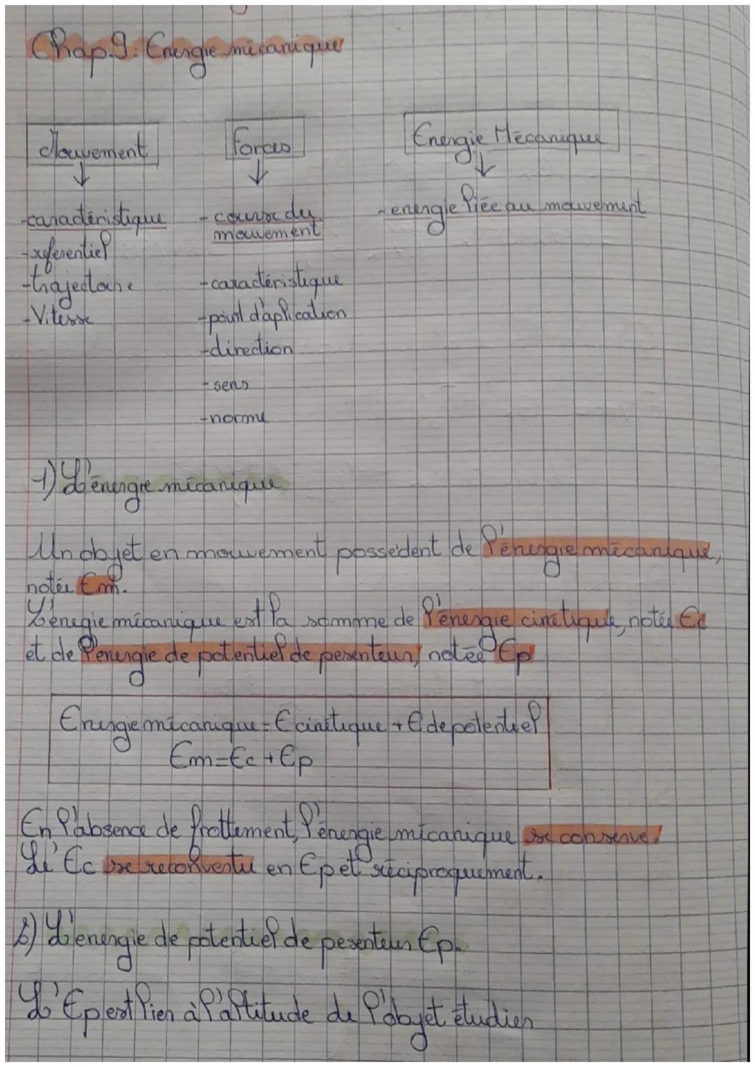 Chap. 9. Energie mécanique
Forces
↓
Mouvement
caractéristique
-referentiel
-trajectoire
Vitesse
du
couro
mouvement
- caractéristique
-point 