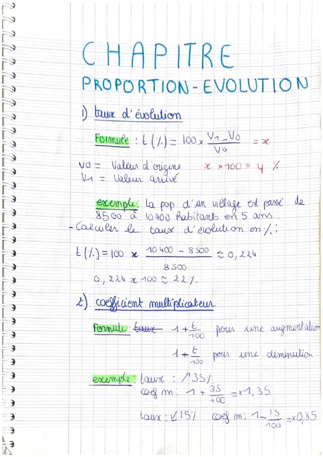 3
3
3
3
}
CHAPITRE
PROPORTION-EVOLUTION
taux d'évolution.
Formule : t (%) = 100 x V₁_Vo
vo= Valeur d'origine x x 100 =
Vi
Valeur arrivé
=
ex