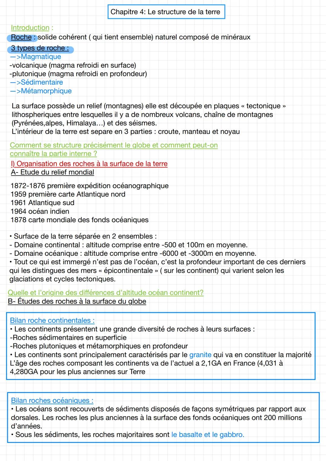 Chapitre 4: Le structure de la terre
Introduction:
Roche solide cohérent (qui tient ensemble) naturel composé de minéraux
3 types de roche :