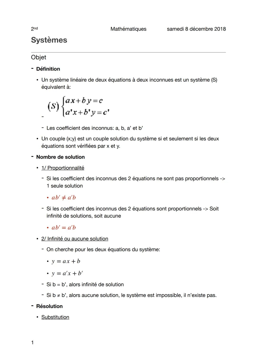 2nd
Systèmes
Objet
1
●
Définition
Un système linéaire de deux équations à deux inconnues est un système (S)
équivalent à:
[ax+by=c
(S) {a²x+