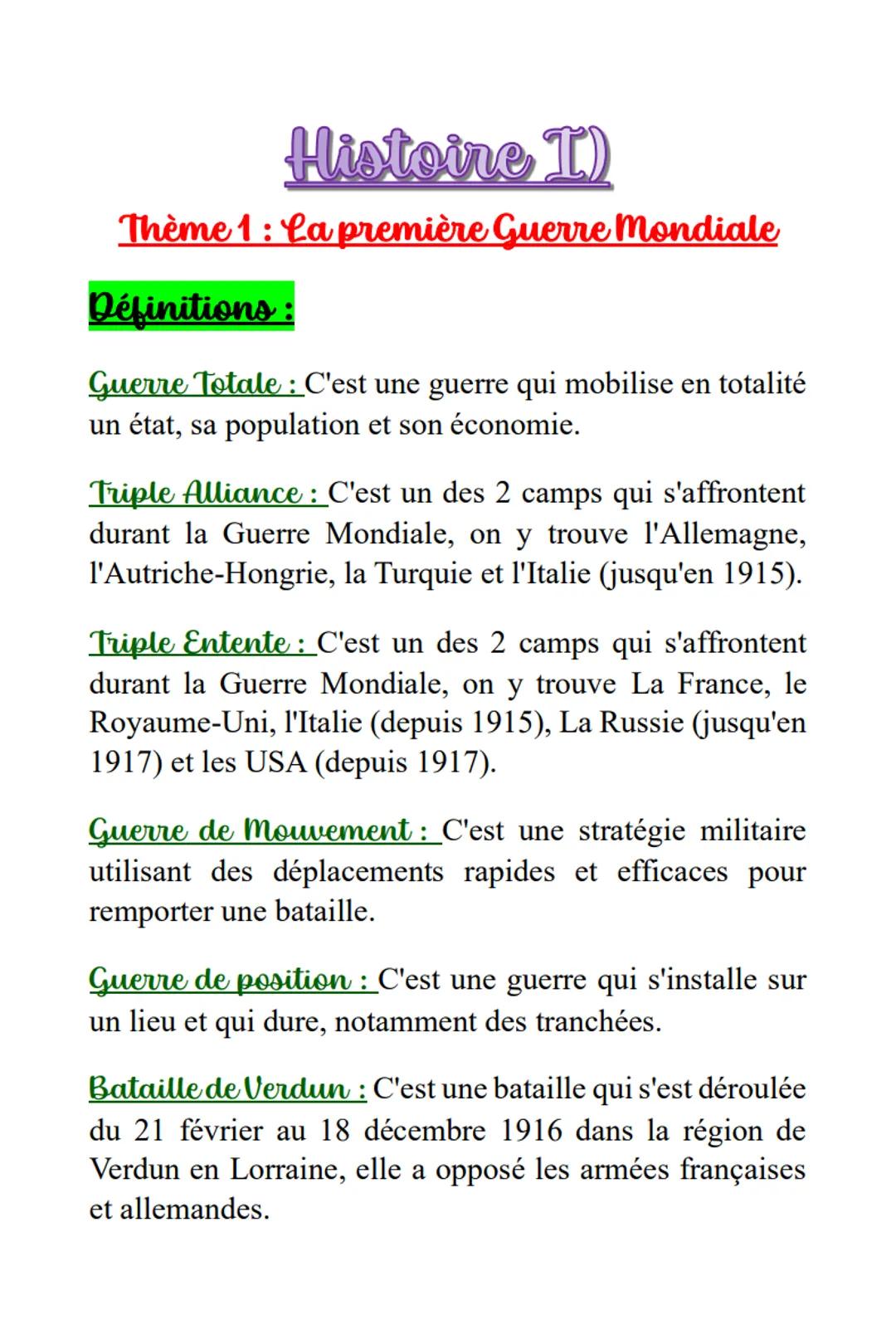Histoire I)
Thème 1: La première Guerre mondiale
Définitions :
Guerre Totale: C'est une guerre qui mobilise en totalité
un état, sa populati
