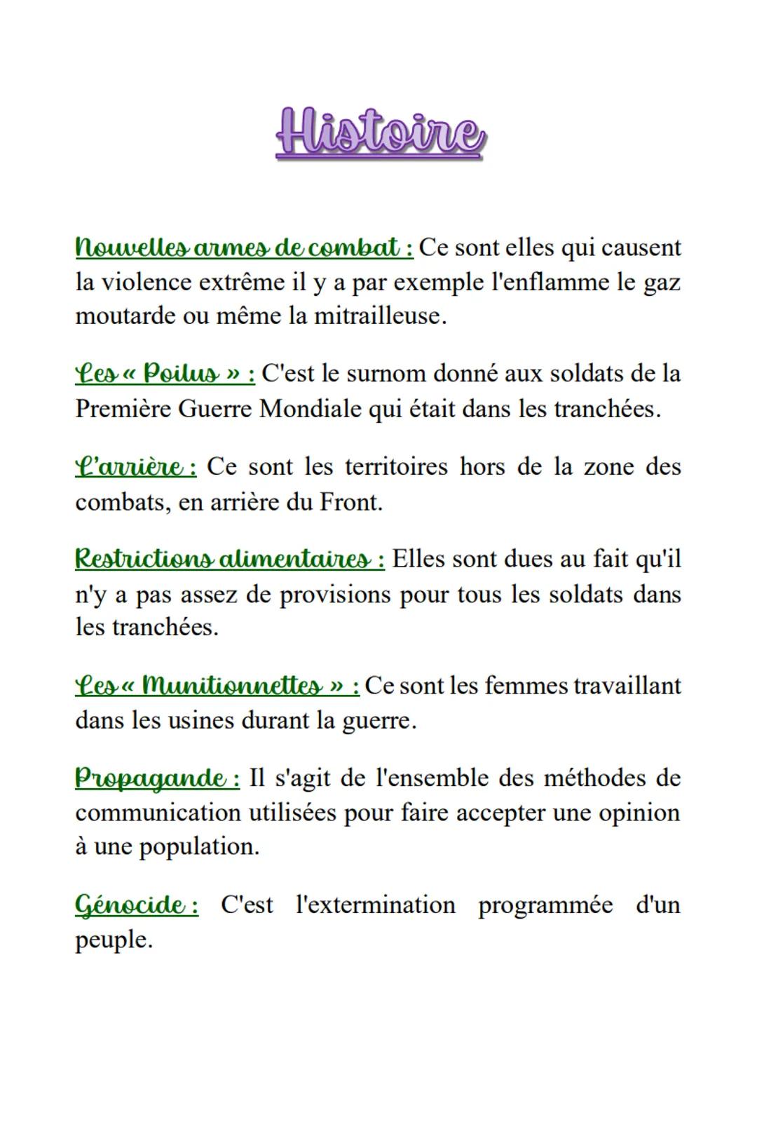 Histoire I)
Thème 1: La première Guerre mondiale
Définitions :
Guerre Totale: C'est une guerre qui mobilise en totalité
un état, sa populati