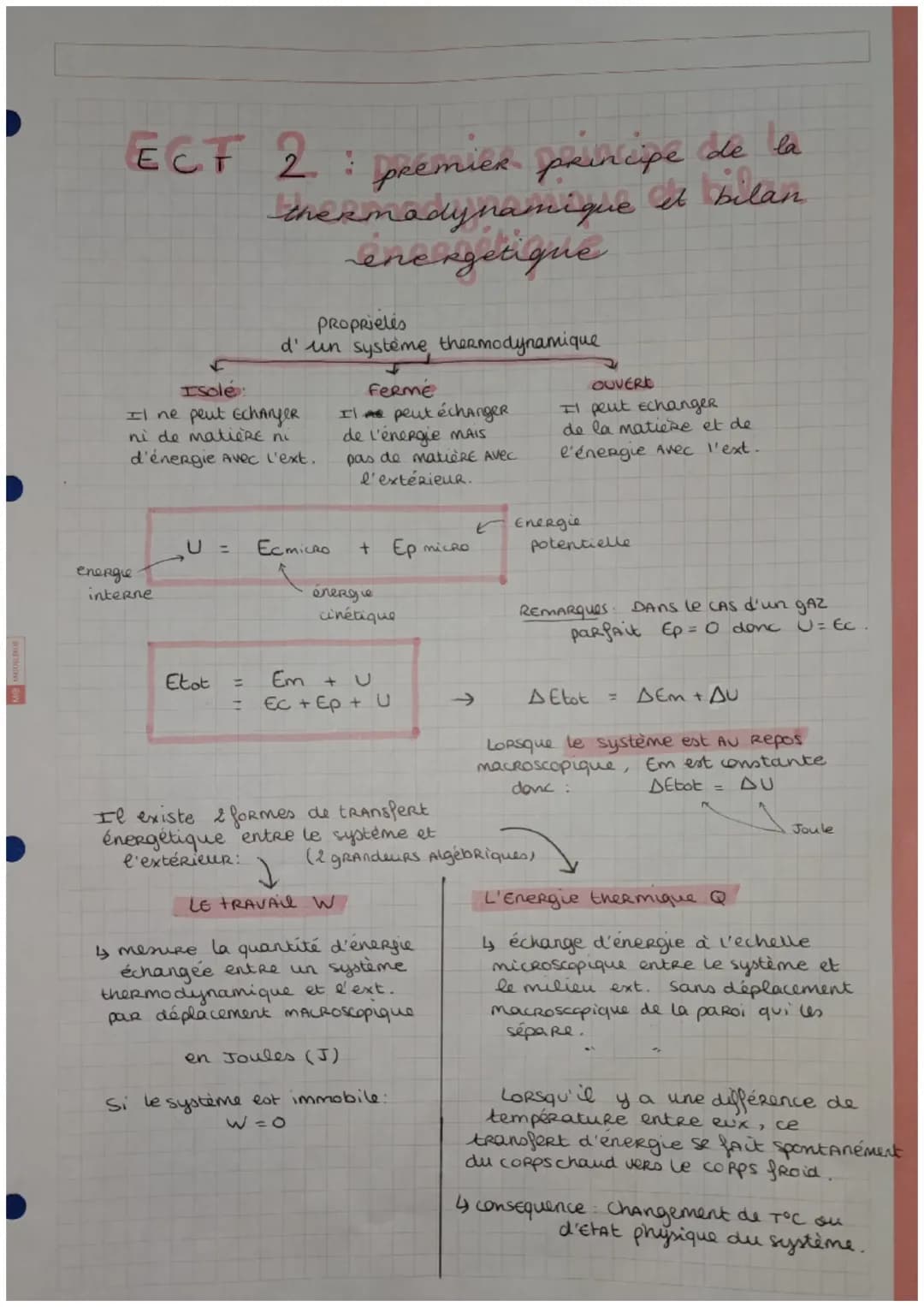 ECF 2: premier principe de la
thermodynamique et bilan
energetique
F
Isole:
Il ne peut EchangeR
ni de matière ni
d'énergie Avec l'ext.
energ