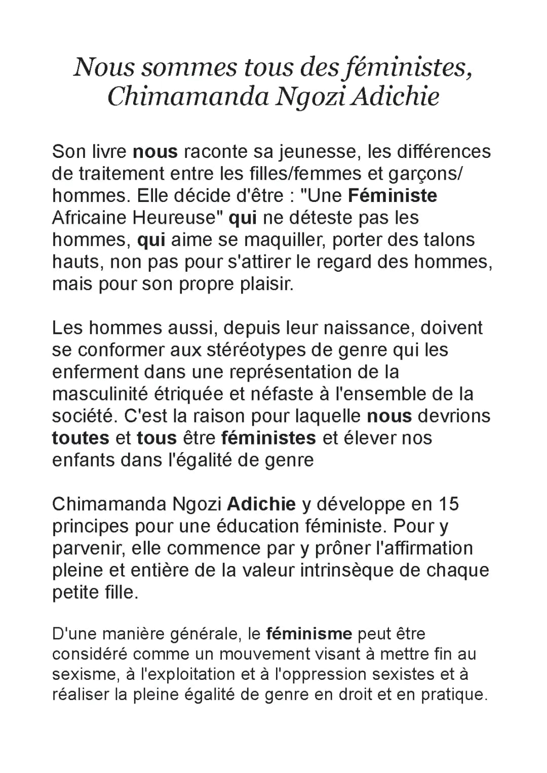 Résumé PDF et Analyse de 'Nous sommes tous des féministes' pour le Bac Français