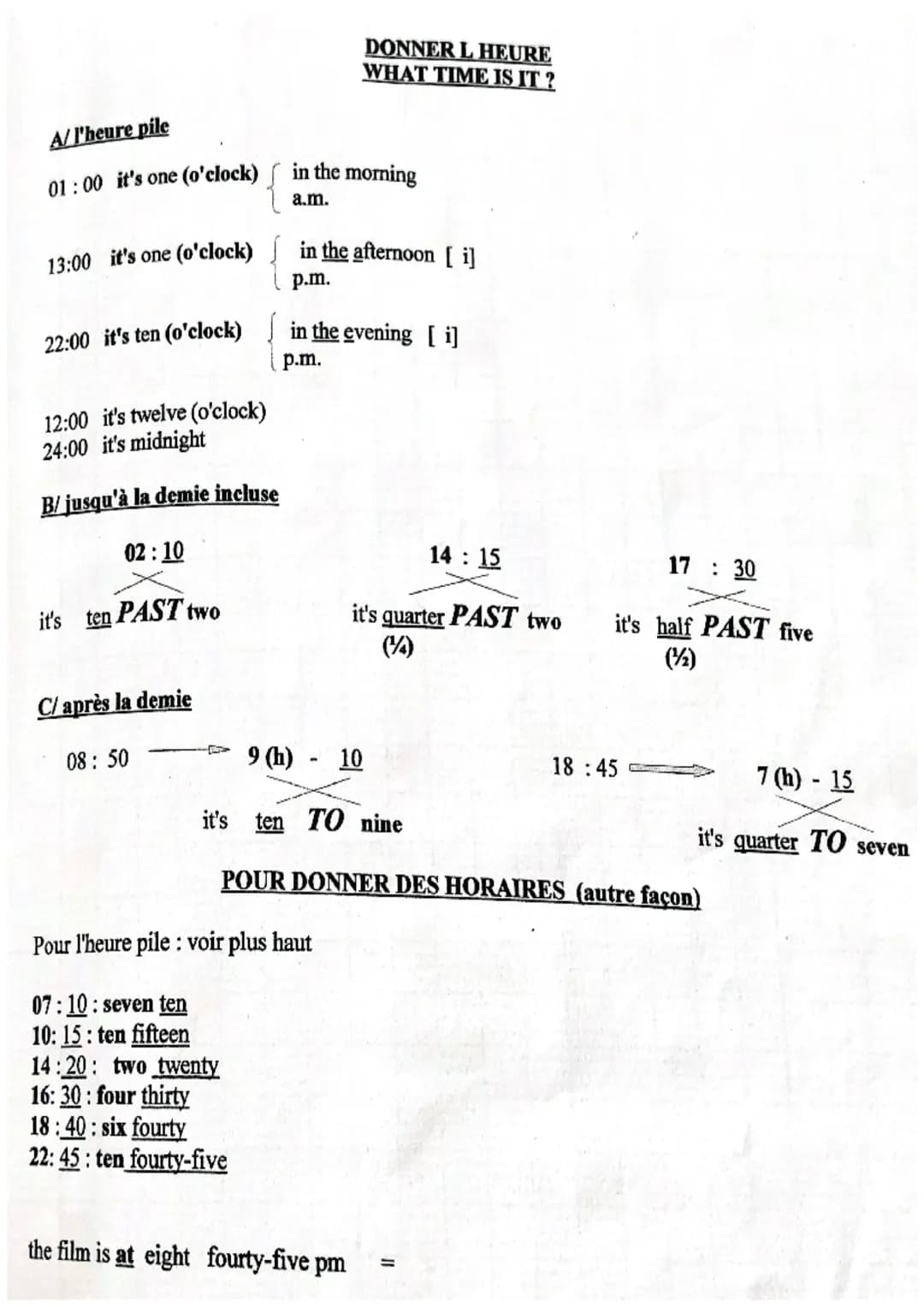 A/l'heure pile
01:00 it's one (o'clock)
13:00 it's one (o'clock)
{
12:00 it's twelve (o'clock)
24:00 it's midnight
B/ jusqu'à la demie inclu