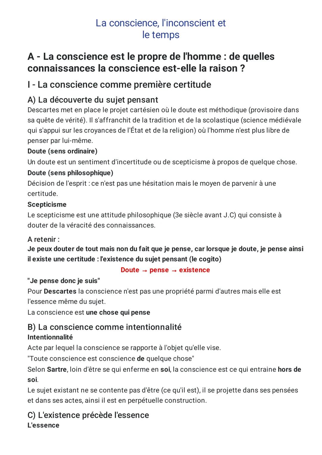 # La conscience, l'inconscient et
le temps

A - La conscience est le propre de l'homme : de quelles
connaissances la conscience est-elle la 