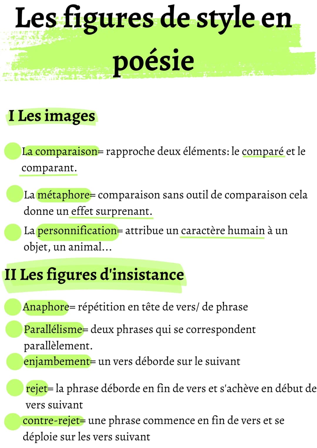 Les figures de style en
poésie
I Les images
La comparaison rapproche deux éléments: le comparé et le
comparant.
La métaphore= comparaison sa