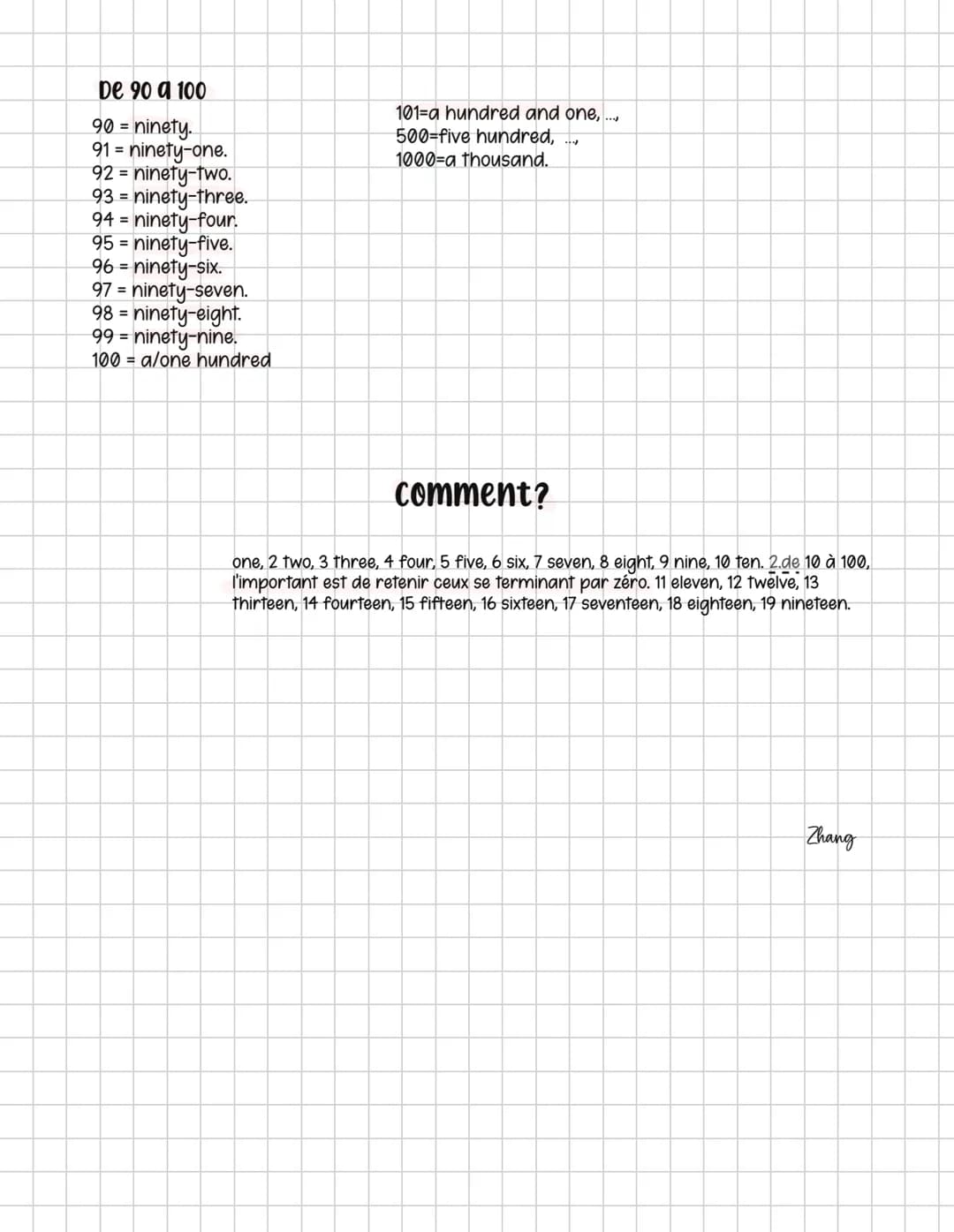 De 1 à 10
1 = one
2 = two
3 = three
4 = four
5 = five
6 = Six
7 = seven
8 = eight
9 = nine
10 = ten
De 30 à 40
30 = thirty.
31 = thirty-one.