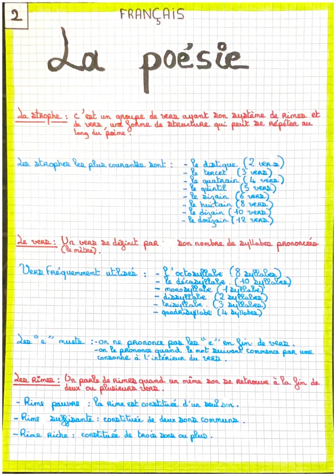 2
FRANÇAIS
La poésie
La strophe : c'ext un groupe de veas ayant son système de Rimes et
de vers, and forme de structure qui peut se Répéter 