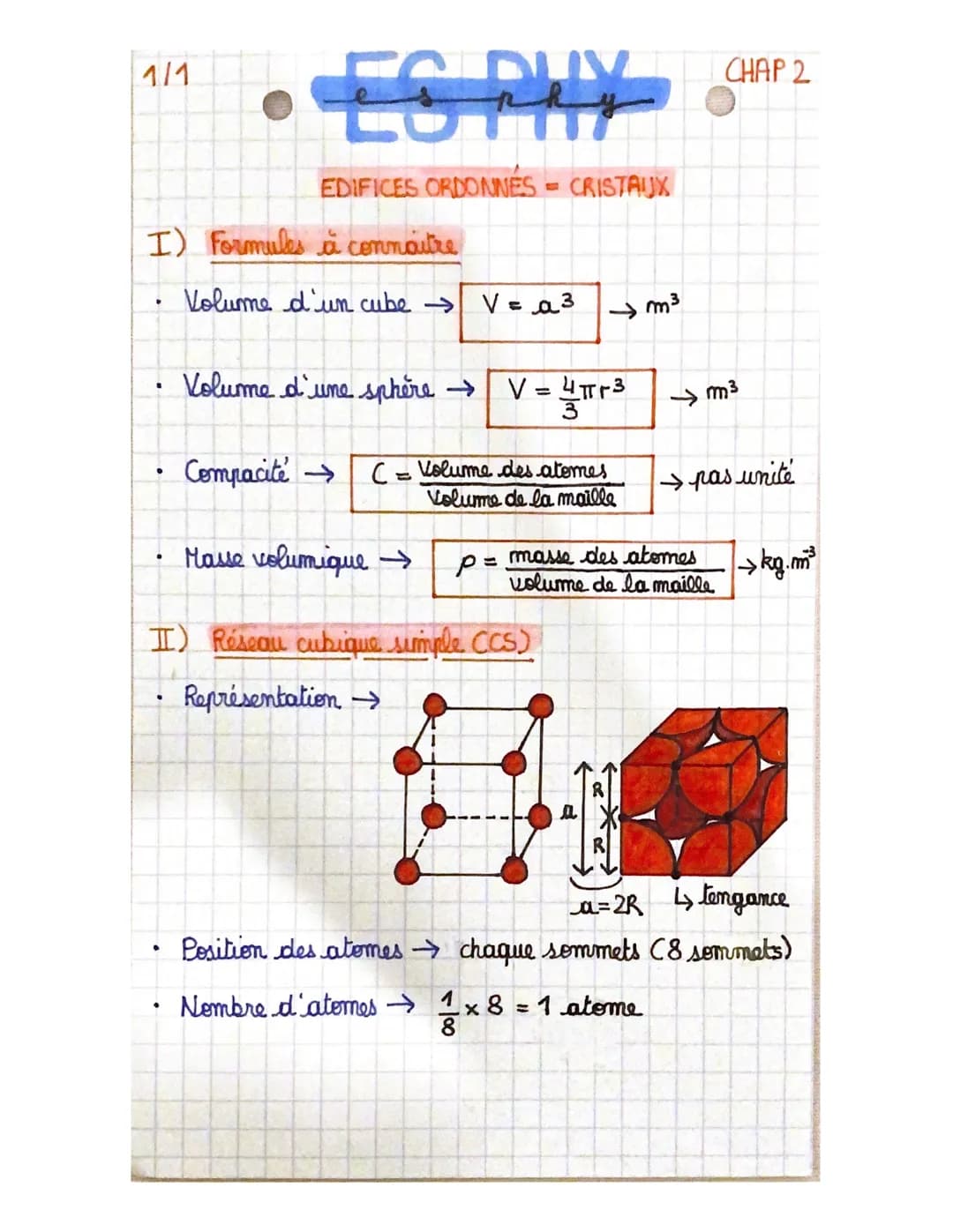 1/1
●
I) Formules à connaitre
Volume d'un cube →→→ V = a³
·
ES PHY
EDIFICES ORDONNES = CRISTAUX
.
Volume d'une sphère →
V = 4T
Masse volumiq