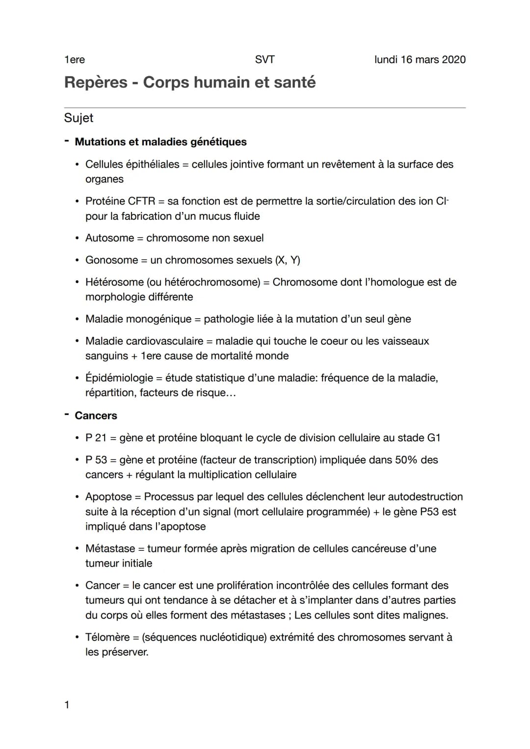 SVT
Repères - Corps humain et santé
1ere
Sujet
1
Mutations et maladies génétiques
• Cellules épithéliales = cellules jointive formant un rev