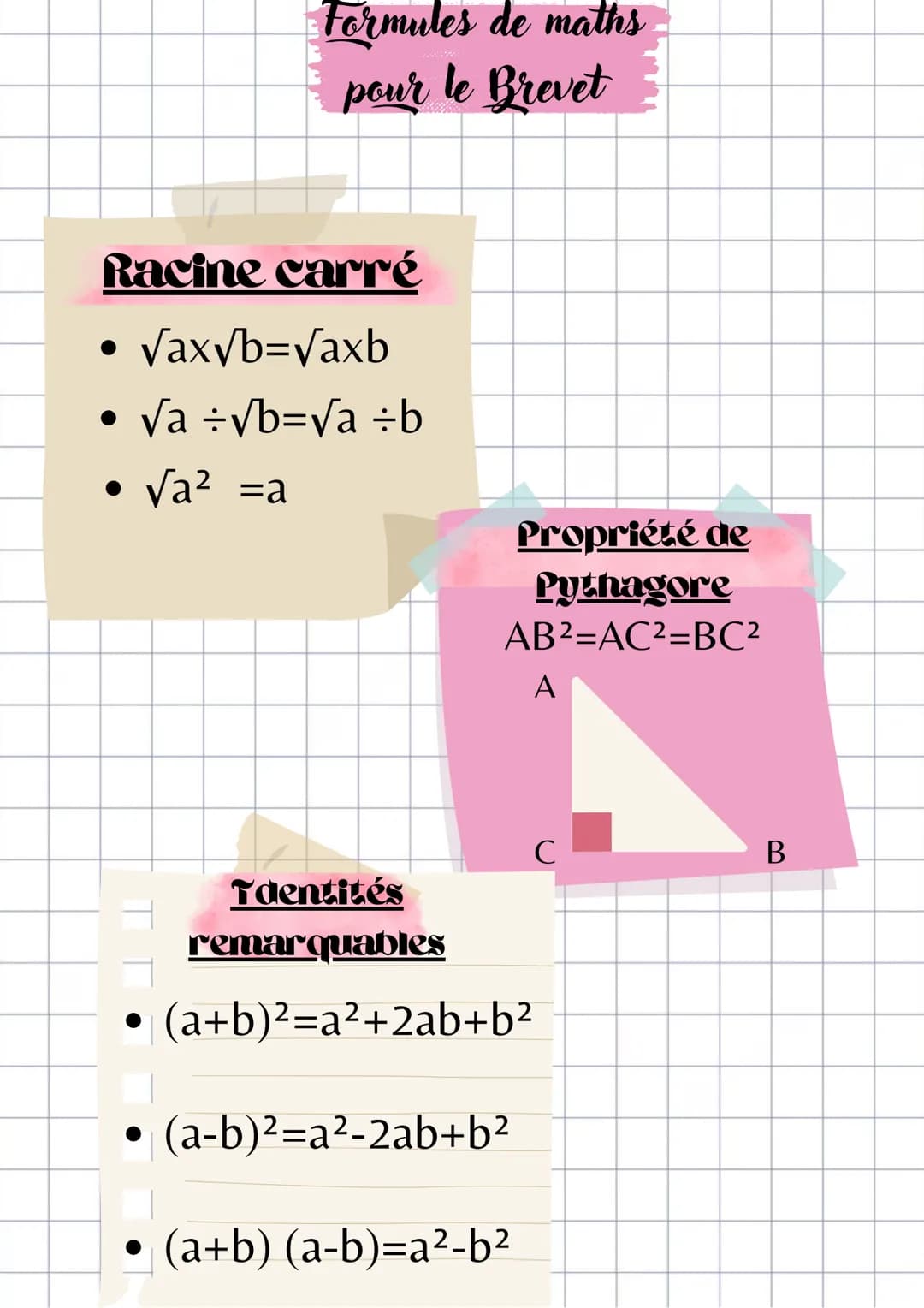 Racine carré
●
Formules de maths
pour le Brevet
√ax√b=√axb
√a ÷√b=√a ÷b
• √a² =a
Tdentités
remarquables
Propriété de
Pythagore
AB²=AC²-BC²
A